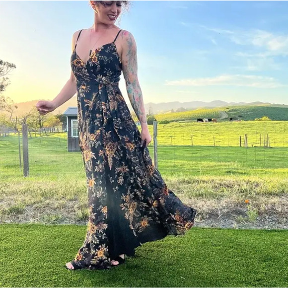 Hutch Black Burnout Velvet Slip Maxi Dress MEDIUM Floral Wrap Gown Designer $319 - Picture 6 of 11